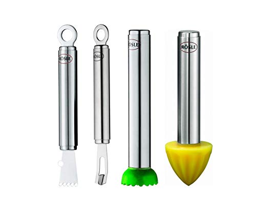 Rösle Stainless Steel Kitchen Utensils Set: Zester with Canelle 6.3-Inch, Vertical Canelle/Channel Knife 6.5-Inch, Fruit Muddle/Caipirinha Pestle 6.6-Inch, Citrus Reamer 6.6-Inch