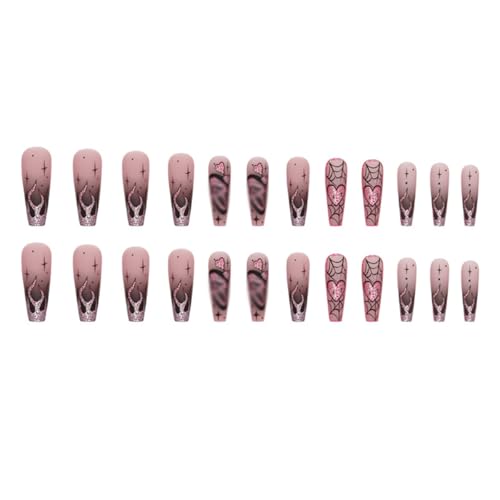 Halloween Press on Nails Long Coffin Fake Nails with Designs Cute Ghost False Nails Heart Flame Spider Skull Glue on Nails Full Cover Suqare Artificial Acrylic Stick on Nails for Women Girls 24 Pcs - Image 4