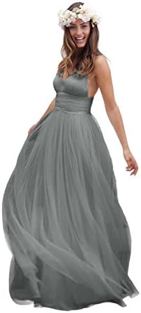 Irenwedding Women's Spaghetti Ruched Empire Waist Open Back Beach Wedding Dress Gray US8