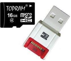 Topram 16GB Class 4 MicroSDHC Card with SD Adapter and R10W Micro USB Flash Card Reader / Writer.