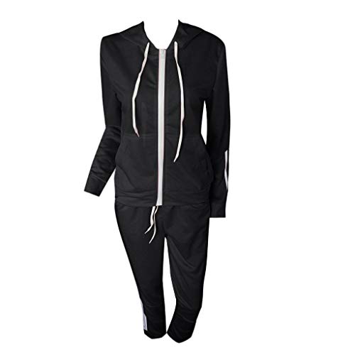 WUAI Two Piece Outfits for Women, Casual Hoodies Stripe Sport Suits Active Top Bottom Sets Sweatshirt Pant (Black,Large)