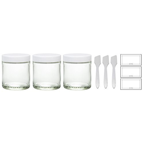 Clear Thick Glass Straight Sided Jar with White Smooth Lids - 4 oz / 120 ml (3 pack) + Spatulas and Labels