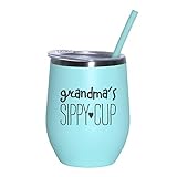 Grandma's Sippy Cup - 12 oz Mint Stainless Steel Vacuum Insulated Wine Tumbler with Lid and Straw (ENGRAVED) | Funny Birthday Christmas Gift for Grandma