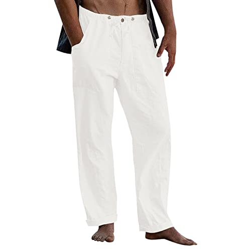 Men's Casual Cotton Linen Pants Male Casual Solid Trouser Pant Full Length  Drawstring Beach Pockets Trousers (White, L) in Oman Whizz