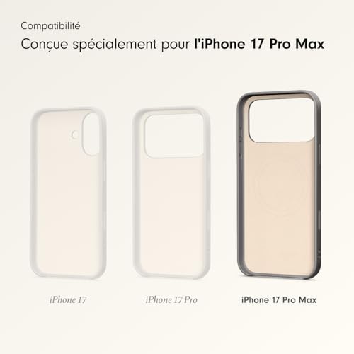 Coque avec béquille pour iPhone 17 Pro Max équipée MagSafe avec Commande de l'appareil Photo, Support intégré et dragonne, Fini Mat et Doublure en Tissu Microfibre - Gris Granite