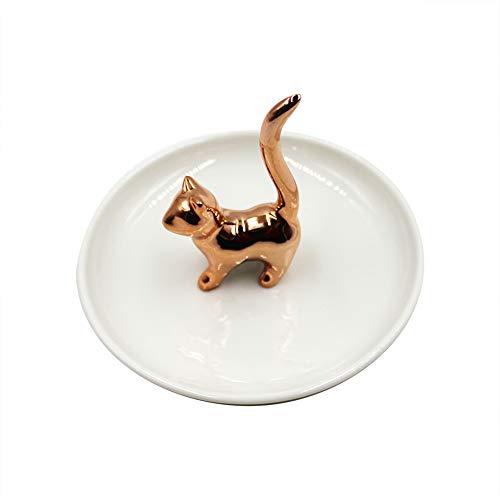 RARITYUS Cute Rose Gold Cat Ring Dish Holder Jewelry Trays Ceramic Trinket Porcelain Ring Holder for Earring Necklace Bracelet Organizer Display