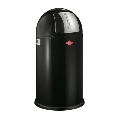 Wesco Pushboy Mülleimer in der Farbe schwarz, pulverbeschichtetes Stahlblech, 50 Liter Volumen, große Edelstahlklappe, herausnehmbarer Innenbehälter