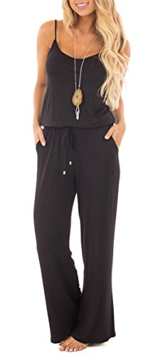NuoReel Women Casual Sleeveless Loose Wide Legs Jumpsuit Halter Waist Tie Stretchy Rompers Pants With Side PocketsÂ£Â¨Black MeduimÂ£