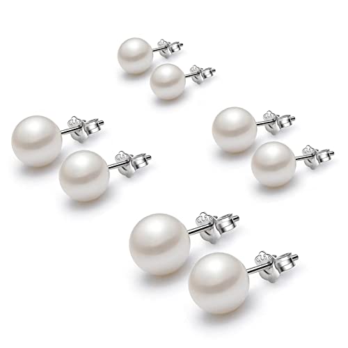 BOZONY White Pearl Stud Earrings Set, Hypoallergenic 925 Sterling Silver Earrings Studs for Women Girl