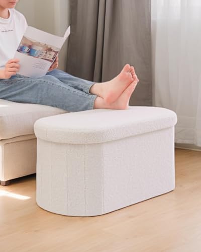 28" Oval Foldable Ottoman with Storage, Teddy Boucle Fabric Footrest, Storage Bench for Living Room, Bedroom, Entryway, Dorm, White