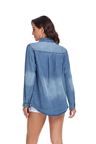 WOMEN’S LONG SLEEVE BUTTON DENIM SHIRT V NECK COTTON CLASSIC CASUAL JEAN SHIRTS FOR WOMEN BLUE