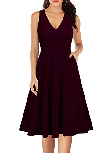 WOOSEA Women's Sleeveless V Neck Vintage Pockets Swing Business Church Dress