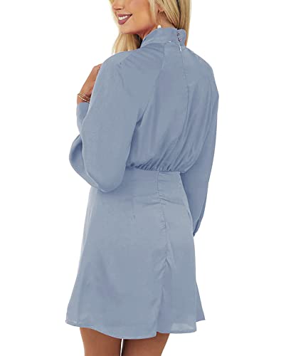 PRETTODAY WOMEN’S SATIN DRESS LONG SLEEVE TWIST HIGH NECK ELEGANT COCKTAIL PARTY MINI DRESSES (BLUE,LARGE)