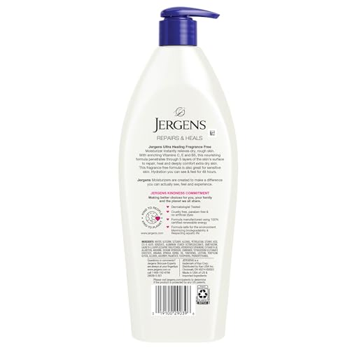 JERGENS ULTRA HEALING DRY SKIN LOTION, HAND AND BODY MOISTURIZER FOR QUICK ABSORPTION INTO EXTRA DRY SKIN WITH HYDRALUCENCE BLEND, VITAMINS C, E AND B5, WHITE, 21 OZ
