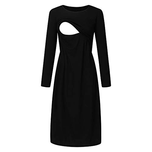 Maternity Nursing Dress,Crytech Solid Color Long Sleeve Double Layer Knee Length Midi Dress for Breastfeeding Pregnancy Loose Casual Sleepwear Nightgown Casual Clothes (Large, Black)