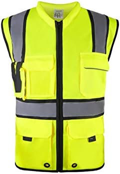 Phrmovs 6 Pockets Class 2 High Visibility Safety Vest With Reflective Strips, Zipper Front,HQ Breathable Mesh Workwear