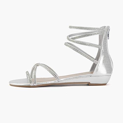 DREAM PAIRS Women's Weitz Silver Ankle Strap Rhinestones Low Wedge