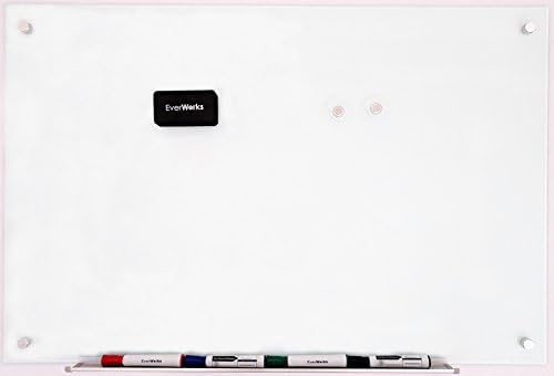 Modern Magnetic Frameless White Dry Erase Glass Board 4' x 3' Set Includes 1 Magnetic Eraser, 2 Magnets, and 1 Mounting Template)- Everworks …