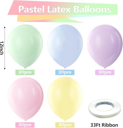 100 PCS Pastel Latex Balloons, 12-Inch Round Macaron Multicolor Balloons for Birthday Party, Baby Shower, and Wedding Decorations