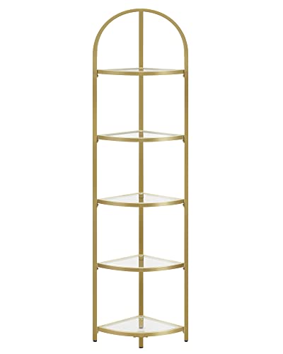 VASAGLE Corner Shelf, 5-Tier Plant Stand, Freestanding Glass Shelf Tower, High Storage Shelves for Living Room, Bathroom, Bedroom, Modern Style, Golden Color LGT810A01