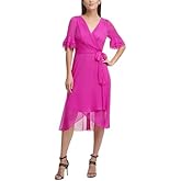 DKNY Womens Ruffle Sleeve Surplice Tie Fit & Flare Midi Dress