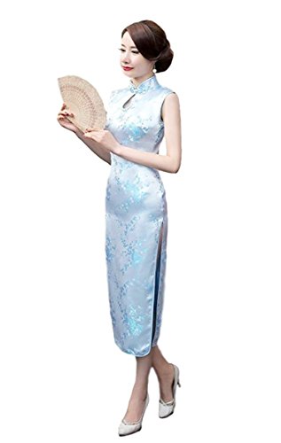 Maritchi Women's Long Chinese Wedding Dress Cheongsam Qipao Retro Long Flower Printing (10(ChineseXXL), Light Blue)