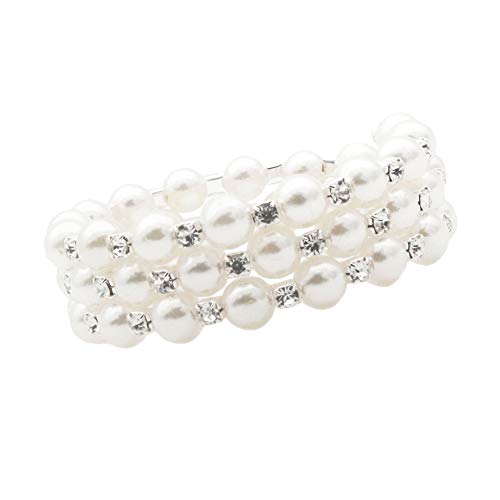 JSEA 3-Womens 6mm Faux Pearl Rhinestone Bangles Wrap Around Stretch Bracelet