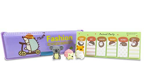Kawaii Hedgehog Double-Sided Soft Pen Pencil Case with Page Markers Stickers (90) and 3 Japanese Mini Puzzle Erasers (Perfect 5 Piece Set for Kids)