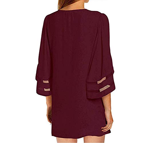 Women Mesh Panel 3/4 Bell Sleeve Pure Color Chiffon Cover Up Casual Loose Kimono Cardigan Wine