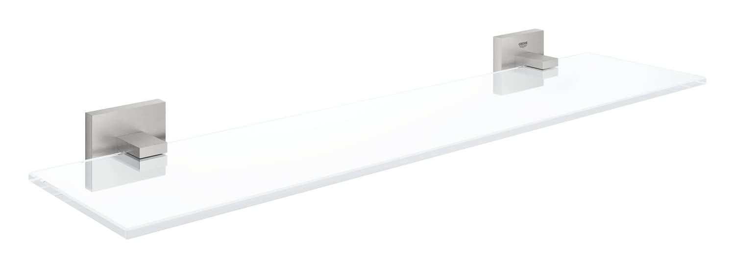 GROHE Start Cube Glass Shelf with Stainless Steel Holders (Glass and Metal, Wall Mounted, Concealed Fastening, with Screws and Dowels), Size 530 mm, Extra Easy to Fit QuickGlue, 41109DC0