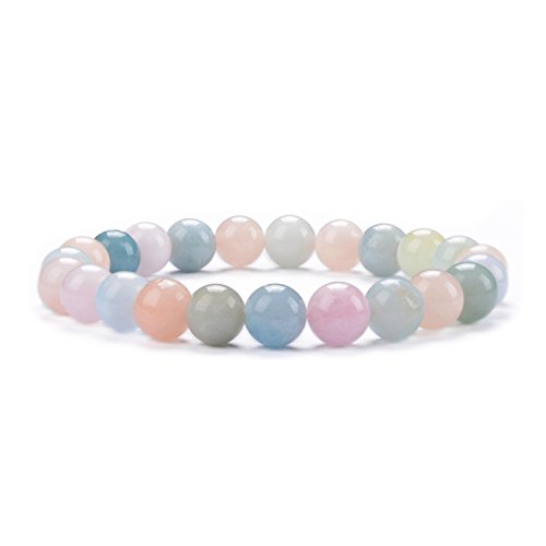Cherry Tree Collection Natural Semi-Precious Gemstone Beaded Stretch Bracelet 8mm Round Beads 7" (Morganite Multi Beryl Aqua)