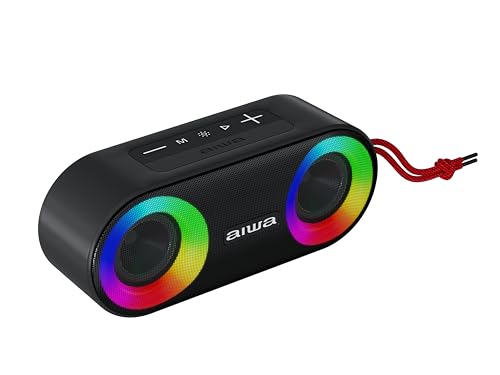 Aiwa Bocina Bluetooth Portátil 20W RMS con Luces LED, Bluetooth 5.3, Sonido Estéreo TWS, Resistente al Agua IPX5, Radio FM, Entradas USB, AUX y TF, Batería 3000 mAh, Ligera y Compacta Color Negro