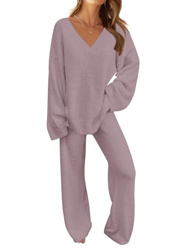 MEROKEETY Women's Fall Lounge Sets 2026 Fashion 2 Piece Outfits Sweater Pajama Set Fuzzy Loungewear Matching Winter Clothes,Taro,L at Amazon