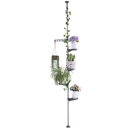 Hershii 5-Layer Indoor Plant Stand Pole Spring Tension Rod Corner Flower Display Rack Holder Adjustable Telescopic Floor to Ceiling Shelf Space Saving – Grey