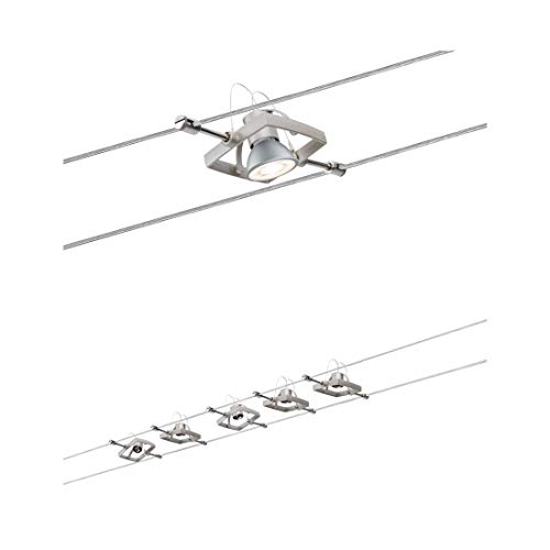 Paulmann 94135 Cable Lighting System – Mac II Satin Nickel Cable Lamp, 5 Spots With Tension Cable and Transformer, Max 10 Watt GU5.3 Wire Cable System Without Bulbs
