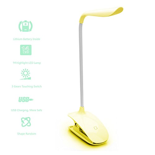 WONFAST 14 Led Cordless Clip on Desk Lamp Gooseneck Tube Touch Sensitive LED USB Rechargeable-3 Level Adjustable Brightness Lights for Indoor & Outdoor Table Reading (Yellow)