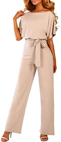Womens Short Sleeve Playsuit Clubwear Straight Leg Jumpsuit with Belt