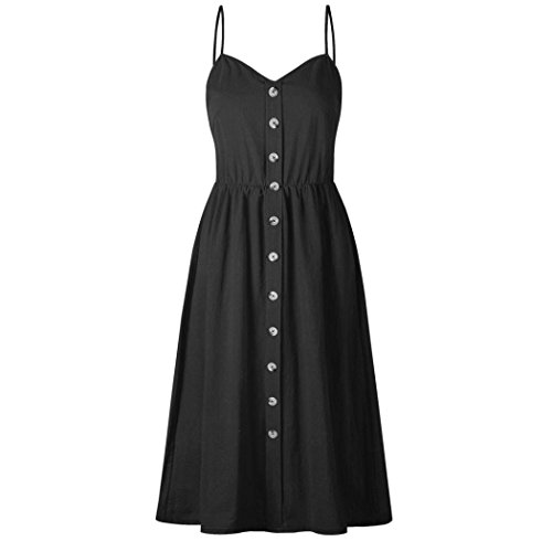 Elogoog Hot Sale Women's Summer Spaghetti Strap Solid Color Button Down Flowy Swing Sleeveless Party Midi Dress Sundress (Black, L)