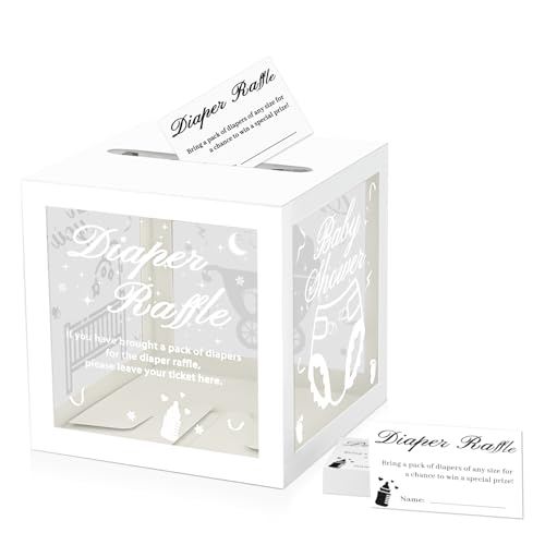 QISOLIY 50 Pieces Diaper Raffle Tickets with Box Baby Shower Game Invitations Diaper Raffle Cards Box Set for Baby Shower Gender Reveal Party Supplies Card Box (Clear White)