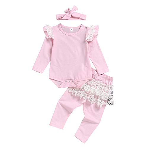 Little Story Â Children's Long-Sleeved Frill Hakama + lace Trousers + Headband Three-Piece suitInfant Baby Kids Girls Lace Pink