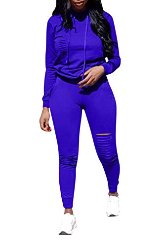 Ophestin Women Casual Long Sleeve Hoodies Ripped Top Skinny Long Pants Set Tracksuits 2 Piece Jumpsuits Outfits Blue L
