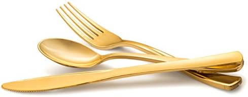 Kaya Collection - Disposable Plastic Gold Silverware Cutlery, Shiny Metallic Flatware 16 Forks, 16 Knives and 16 Spoons (48 Pc)