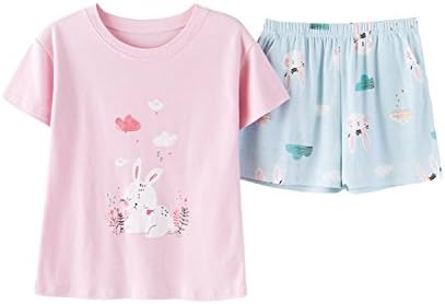 Big Girls Sweet Pink Rabbit Short Summer Cotton Pajamas Two Pieces Set Sleepwear(8y-16y)