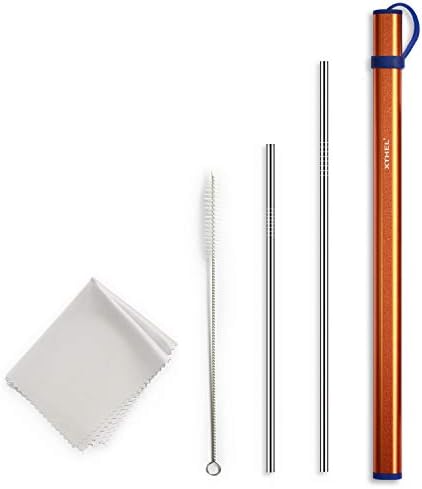 Stainless Steel Straws Portable Set with Ultra Long 10.5 Inch and 8.5 Inch Drinking Metal Straws + Color Aluminum Travel Carrying Case + Brush + Microfiber Cleaning Cloths (Orange)