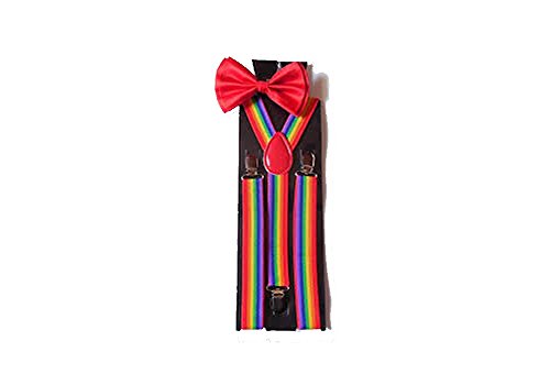 Men's Unisex Awesome RAINBOW Multi Colors Suspenders And RED Bowtie Set Adjustable