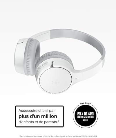 SoundForm Mini Casque Audio sans Fil pour Enfants avec Micro intégré (Circum-aural, autonomie de 30 h, pour Apprentissage, Voyages, Autocollants Amusants, pour iPhone, iPad, Galaxy) - Blanc