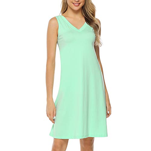 Hawiton Women's Lace V Neck Nightdress Loose Fit Sleep Shirt Short Sleeve Sleepwear Light Green