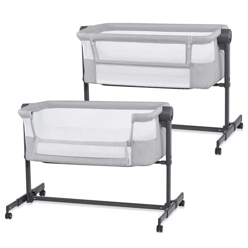 Nestee UP 2 Cuna Colecho para Bebé con Colchón, Cuna de Cabecera, Fácil Ajuste de Cama de Padres, Ajuste de Altura, Buena Circulación de Aire, Ruedas transportarás, Gris Cloro