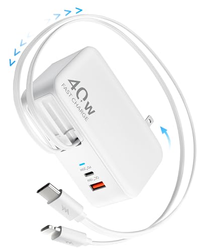 4-in-1 Retractable Gan Wall Charger Plug for iPhone 17 USB C,Travel Essentials Brick Multiport,3ft Lightening+ Type C Cables,40W Fast Charging Foldable Block for iPhone 17 Pro/16/15/14/13,iPad,Galaxy
