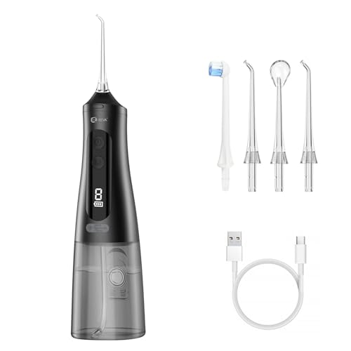 R REVA Professional Water Flosser - Cordless Oral Irrigator with 360° Nozzle, 350ML Reservoir, IPX7 Waterproof, Rechargeable - Dental Floss Tool for Teeth, Braces & Gums - Black (M131)